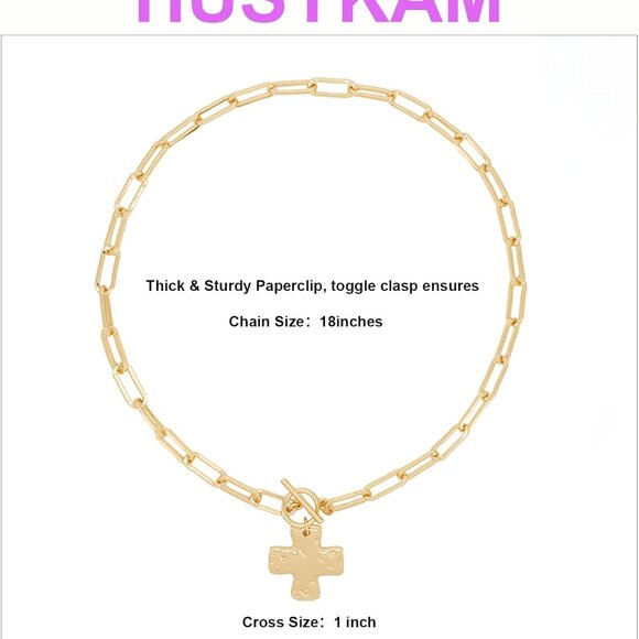 Gold Chunky Cross Necklace for Women - Bold Hammered Pendant with Toggle Clasp - Picture 4 of 7